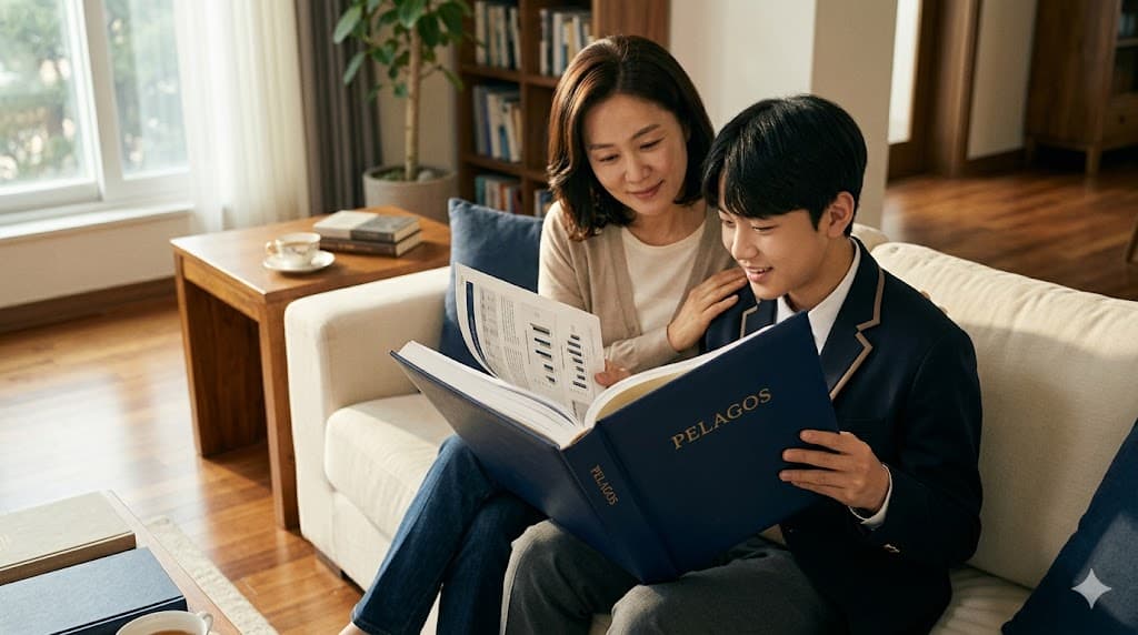 어머니와 자녀가 펠라고스 보고서를 함께 보고 있는 따뜻한 거실